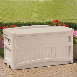 Suncast Resin 73 Gallon Deck Box with Seat and Wheels in Light Taupe 