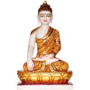   Buddha Seated on Lotus Throne   White Marble Sculpture