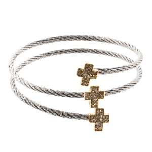  Silver Wire Wrap Around Bracelet with Gold Cross Shaped Cz 