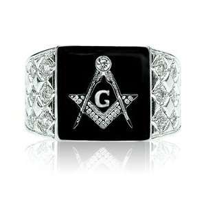    ES5448 Mens Silver Tone Black Masonic Emblem Ring Jewelry