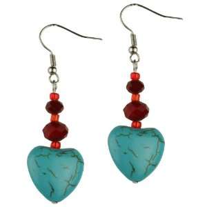  Smooth Heart Shaped Stone with Red Crystal Earrings 