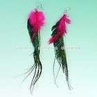 New Tribal Natural Peacock & Red Pheasant Feather Dangle Hook Earrings 