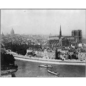  Paris. Panorama vers Notre Dame,two boats,Church,France 