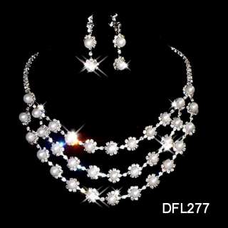 Wedding Bridal crystal Pearl necklace earrings set 277  