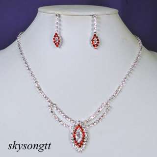   Ruby Red Rhinestone Crystal Bridal Pendant Necklace Earrings Set P017R