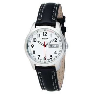 Timex Mens T2N227 Black Leather Strap White Silver Case Watch  