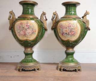 Pair Large German Dresden Porcelain Floral Urns Vases  