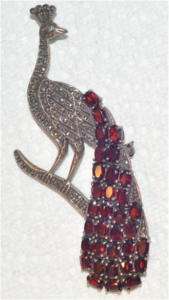 STERLING SILVER PEACOCK BROOCH WITH GARNET & MARCASITE  