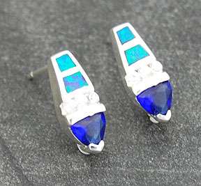 Silver Blue Opal Inlay Sapphire CZ Dagger Post Earrings  