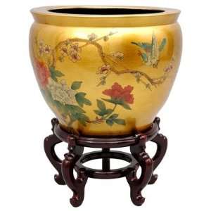  16 Leaf Birds and Flowers Fish Bowl with Stand in Gold 