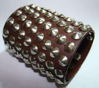 MEN Brown Leather Goth Wide Studded Band Cuff Bracelet  