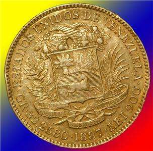 VENEZUELA 100 Bolívares (Pachano) 1887 Gold Coin.  