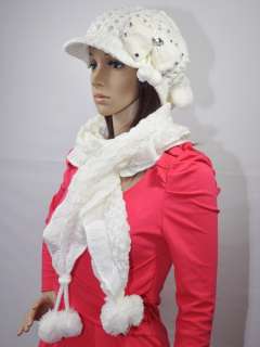   Ladies White Winter Warm Beanie Newsboy Hat Cap & Scarf Set NEW  