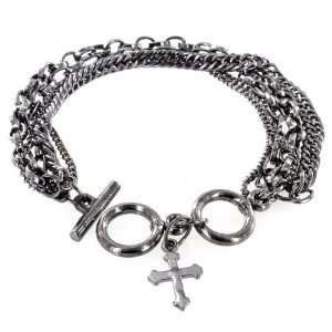 Multi Chain Toggle Bracelet in Hematite Finish with Cross Charm