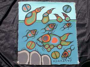 Renowned Artist Norval Morrisseau Loons with Fish  