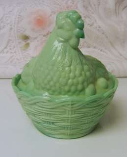 VINTAGE Green Milk Glass Hen On Laced Nest Covered Dish  