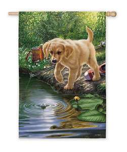 NIBBLES YELLOW LAB PUP GONE FISHING EXTRA LARGE FLAG  
