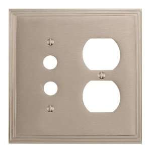 Solid Brass Deco Design Push Button and Outlet Plate   Brushed Nickel