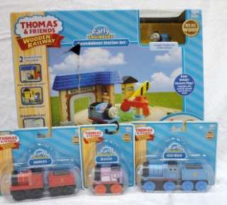 NEW Thomas wooden railway roundabout station + 3 trains  