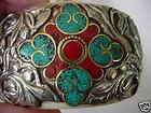 Tibet Reousse Sterling Silver Inlaid Turquoise Coral Flower Bangle 