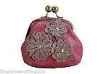 NEW FOSSIL LEATHER FRAME COIN PURSE PINK W/ PURPLE FLOWER KISSLOCK 