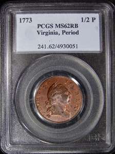 1773 Virginia 1/2P PCGS MS62 RB  