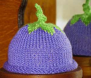 Hand Knit Purple Plum Fruit Hat with Green Knot Top  