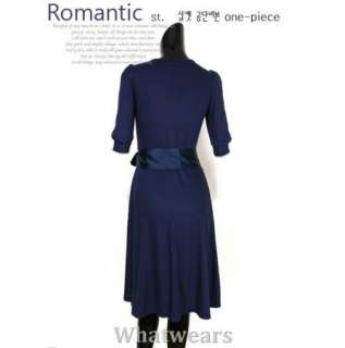 Women Slim V Neck w/ Silk Belt Evening Dress Navy Blue D27  