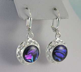 Purple Paua Shell (Abalone) Round Earrings Silver Plate  