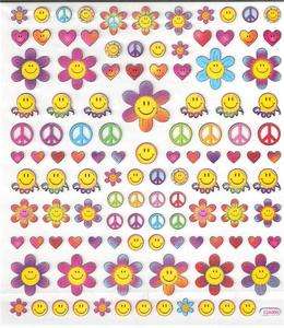 Yellow smiley Faces, Peace retro flower groovy stickers  
