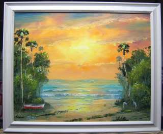 ORIGINAL OIL PAINTING,TROPICAL BEACH, Florida Art Mazz. SUNSET Lagoon 