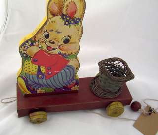 EASTER BUNNY 1950s Wood Pully Container Retro Toy $30  