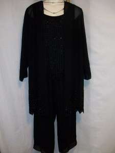Silhouettes Womens Clothes 3 pc BEADED DUSTER PANT SUIT Black, NEW 
