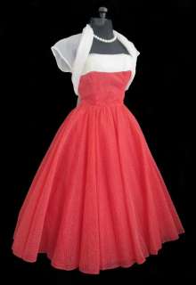 Vintage 50s RED Swiss Dot Party Swing Dress & Shrug XS  