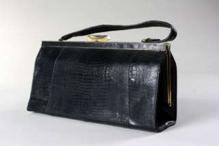 Vintage 50s/60s Black Lizard Leather Kelly Bag Purse  