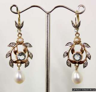 Antik 585er Gold Ohrringe + echte Aquamarine Diamanten Perlen 