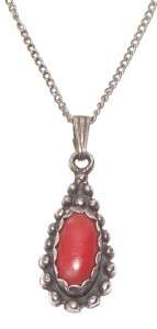 VINTAGE NAVAJO CORAL & STERLING SILVER PENDANT & NECKLACE CHAIN  