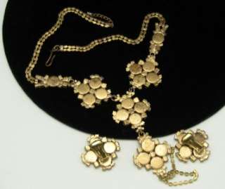 Dramatic Vintage CZECH Necklace Earring Set Hematite Amber Rhinestone 