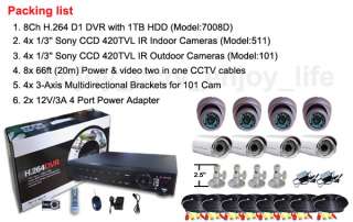 CCTV 8CH H.264 D1 DVR+ 8x 1/3 Sony CCD Camera kit 1TB  