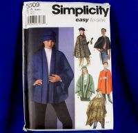 Simplicity 5309 Easy Poncho Cape Hat 5Looks Pattern SML  