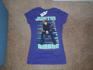 JUSTIN BIEBER PURPLE T SHIRT WITH HIS PICTURE AND NAME ON IT NEW WITH 