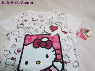 New Hello Kitty Girls White Glitter Short Sleeve Tunic T Shirt Top 