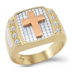   13   14k Yellow Tri Color Gold Mens Large Dazzle Cross Ring Jewelry