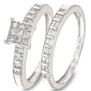 Cut Diamond Ladies Bridal Wedding Ring Set 10K White Gold   Two Rings 