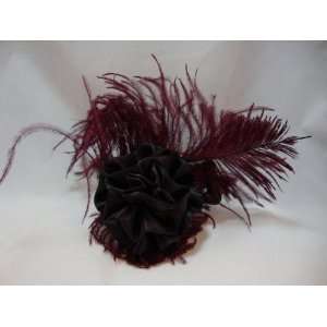   Burgundy Ostrich Feather and Satin Rose Hair Claw 