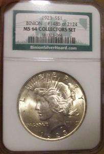 1923 Silver Peace Dollar NGC MS 64 Binion Hoard Collection Antique US 
