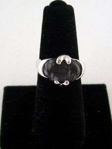 NATURAL BLACK AGATE STONE RING 18K WHITE GOLD PLATED NEW, GIFT BOXED 