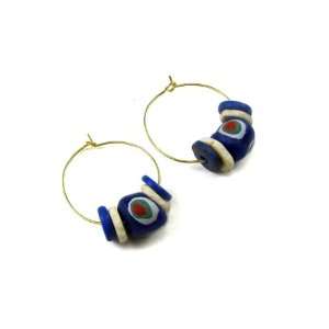 African Sand Cast Bead Hoop Earrings in Cobalt Blue with Ostrich Shell 