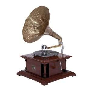  Antique Replica Dark Wood Phonograph Gramophone with Large 