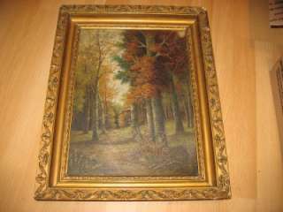 ANTIQUE SIGNED STEWART OIL PAINTING A FOREST IN FALL WOODS MOUNTAIN 